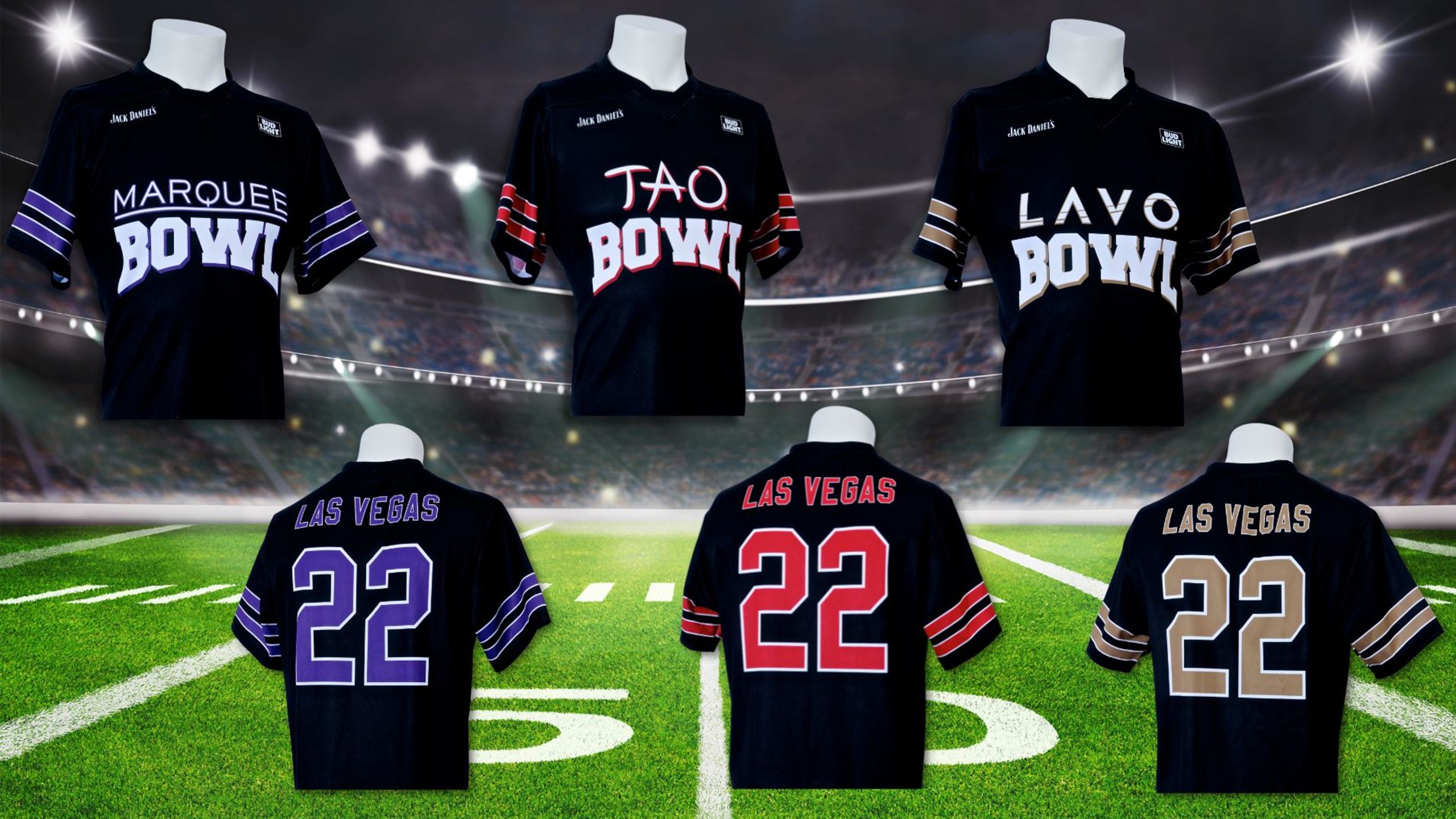 Our client The TAO Group asked us to create custom football jerseys for their service staff for Super Bowl Sunday for their venues at Marquee, TAO and LAVO. Each jersey featured the logos of their sponsors Jack Daniels and Bud Light on either shoulder. The venue names were prominently shown on the fronts of each jersey and the number 22 on the back for the year 2022.