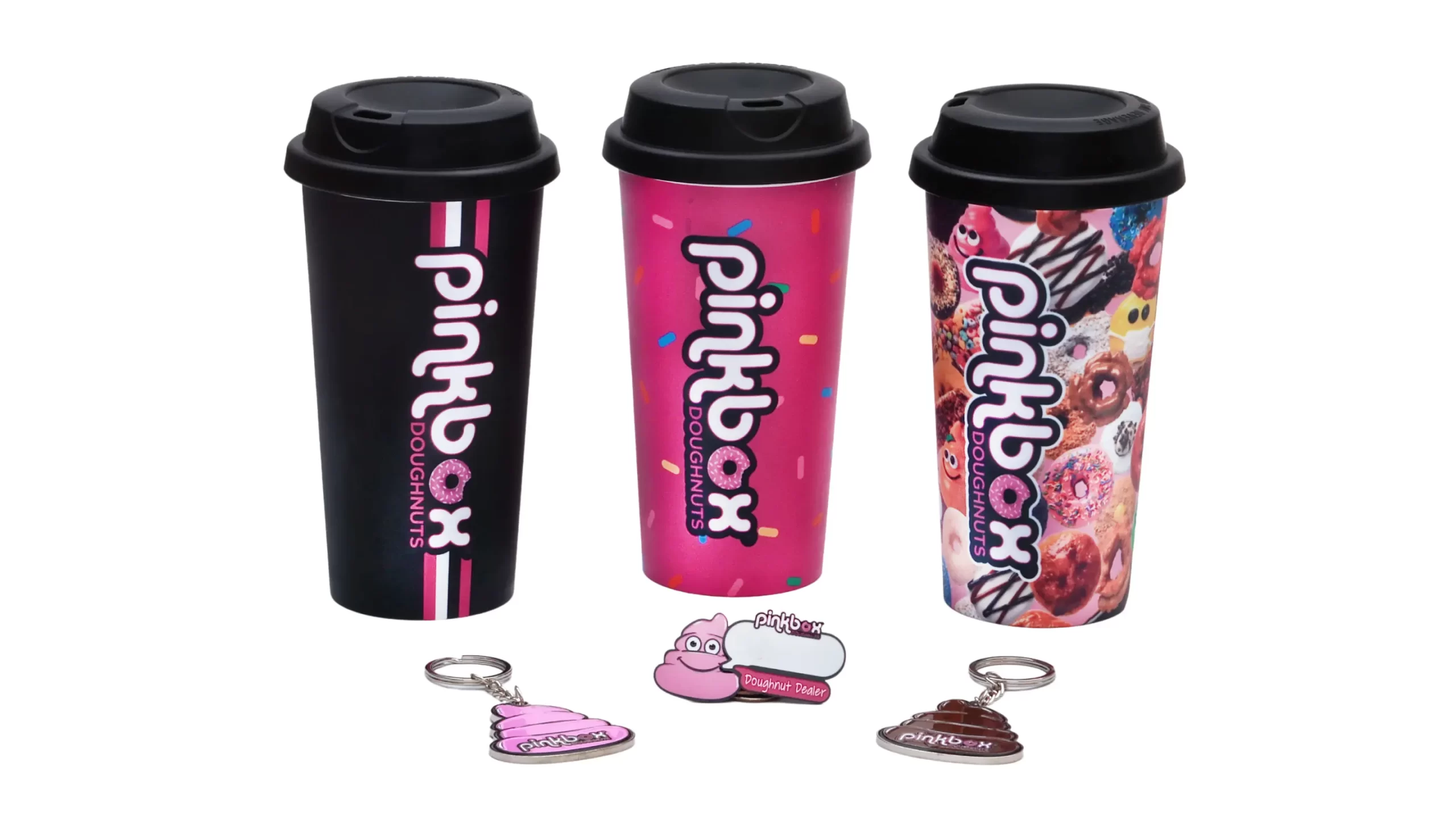 Pinkbox Doughnuts, voted "Best of Las Vegas" for the most unusual gourmet doughnuts, had us create a group of unique, full color reusable "collectible" tumblers. We also make their staff badges and retail keychains.